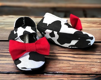 Baby Girl Shoes | Black and White Cow Print with Bows | 3-6 Month | Ready to Ship