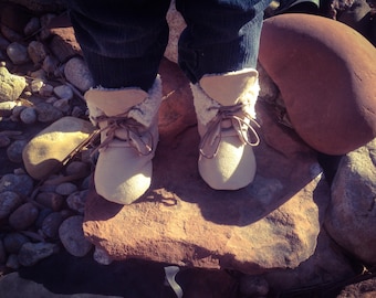 Winter Lace Up Baby Boots | Tan Faux Suede and Sherpa | Newborn size up to 4T