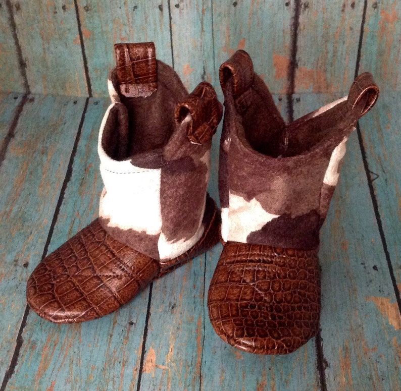 Brown & White Cow Print Baby Cowboy Boots with Leather image 0