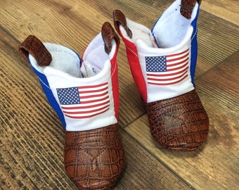 US Flag American Baby Cowboy Boots with Leather | Faux Leather Baby Boots | Newborn size up to 24 Months