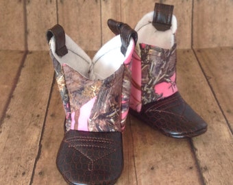 Pink Camo Baby Cowboy Boots | Cowgirl Boots | Faux Leather Boots | Newborn size up to 24 Months