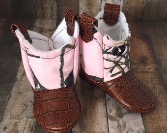 Pink Camo Baby Cowboy Boots with Leather | Newborn size up to 24 Months