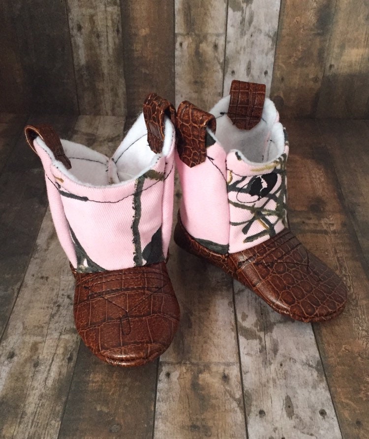 Pink Camo Baby Cowboy Boots with Leather | Newborn size up to 24 Months