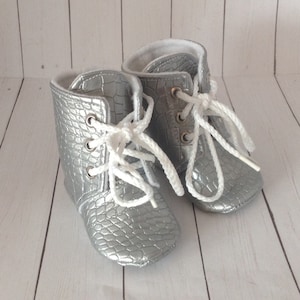 Silver Faux Leather Baby Boots | Alligator Texture | Newborn size up to 3T