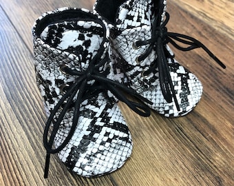 Baby Lace up Boots | Faux Leather White Snake Skin | Newborn size up to 3T