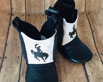 Baby Cowboy Boots with Leather | Black with Bucking Bronco | Newborn size up to 24 Months