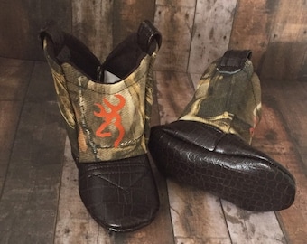 Baby Camo Cowboy Boots with Orange Deer Logo & Faux Leather | Newborn size up to 24 Months