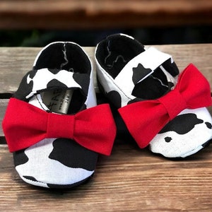 Baby Girl Shoes | Black and White Cow Print with Bows | 3-6 Month | Ready to Ship