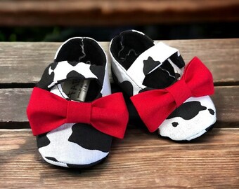 Baby Girl Shoes | Black and White Cow Print with Bows | 3-6 Month | Ready to Ship