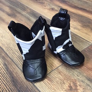 Black & White Cow Print Baby Cowboy Boots | Cowgirl Boots | Faux Leather Boots | Newborn size up to 24 Months