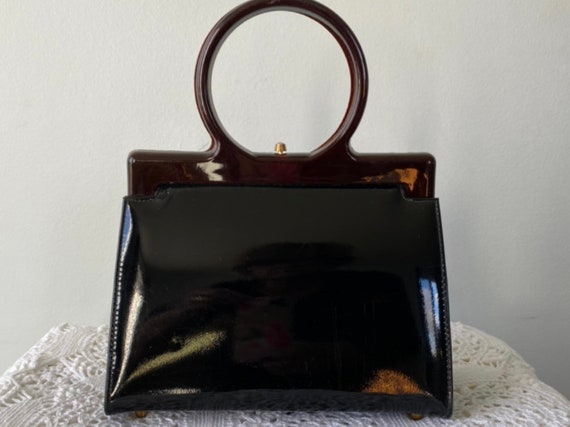 Vintage Black Patent Kelly Bag, 1950s Black Patent