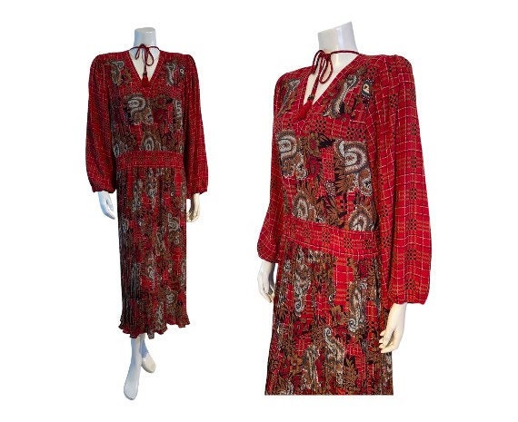 Vintage Red Paisley Bird Peacock Print Skirt 10