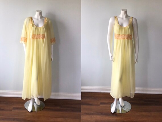 Vintage Yellow Chiffon Peignoir Set, Vintage Peign