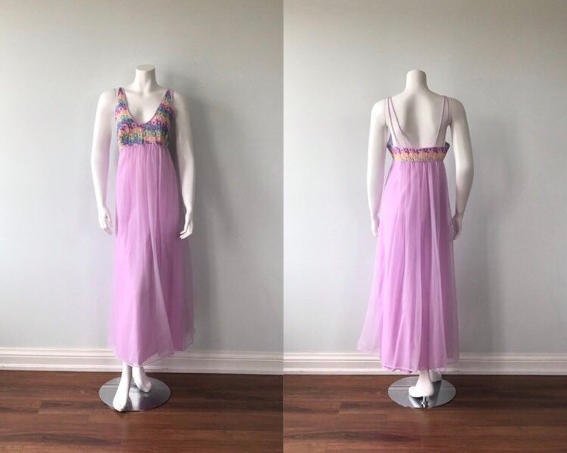 1960s Nightgown Romantic Nightgown Vintage Lavender Chiffon Nightgown French Maid Lavender Nightgown Vintage Chiffon Nightgown