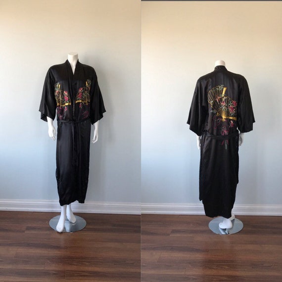 Vintage Kimono Robe, 1940s Robe, Silk Robe, Black