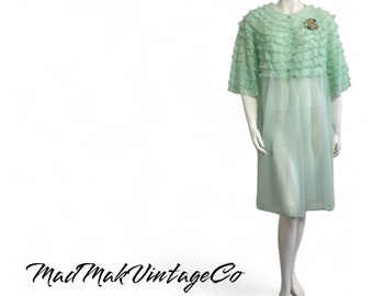 Vintage Green Double Chiffon Robe 1970s Silfra Negligee Ruffles Dressing Gown