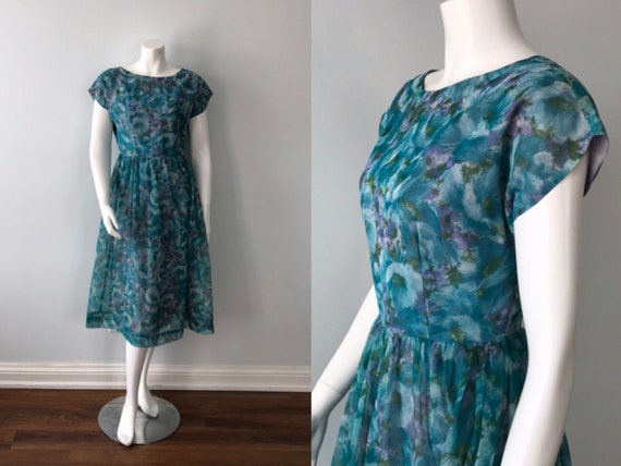 Vintage Teal Green Floral Chiffon Dress, 1950s Dre