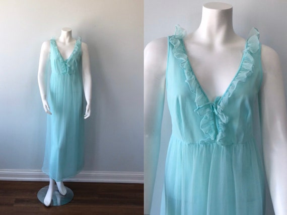 Vintage Aqua Chiffon Nightgown, Vintage Nightgown,