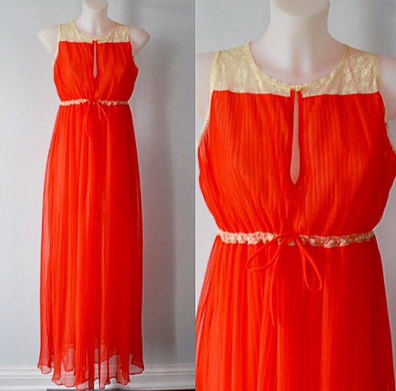 Vintage Crystal Pleated Red Nightgown, 1950s Night