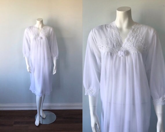 Vintage White Double Chiffon Nightgown, 1970s Nigh