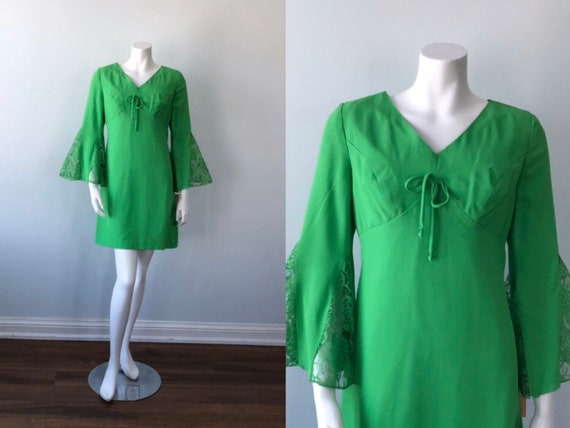 Vintage 1960s Mini Dress, Green Bell Sleeve Mini D