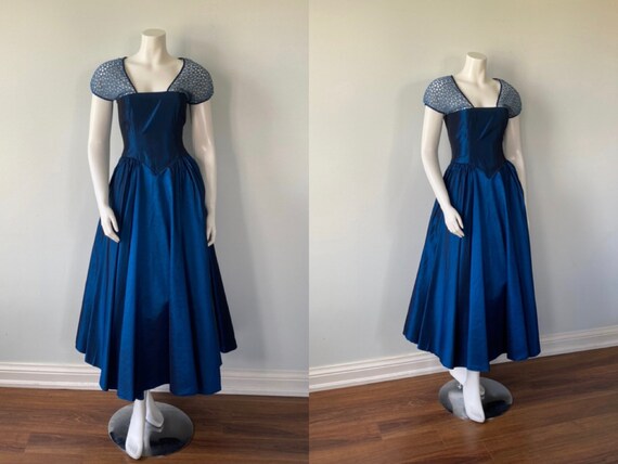 1950s Blue Taffeta Gown, Vintage Blue Taffeta Gown