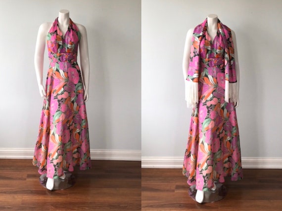 Vintage 1970s Myra Originals Halter Dress with Sha