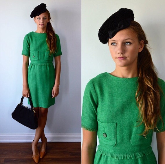 Vintage Green Wool Dress, 1960s Dress, Casual Dres