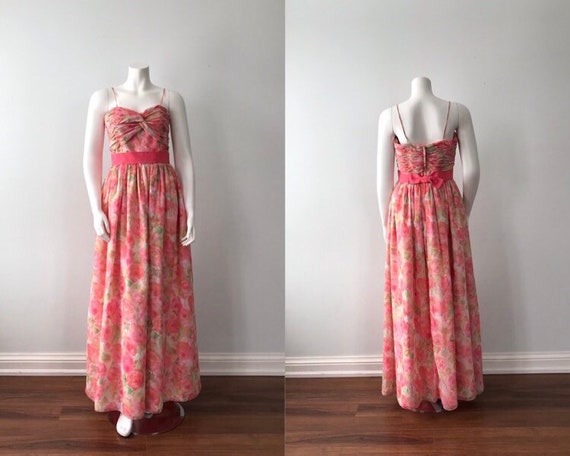 Vintage Floral Chiffon Evening Gown, Joy Cherry, V