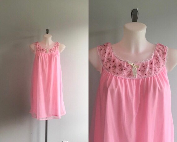 Vintage Pink Chiffon Nightgown, 1960s Chiffon Nigh