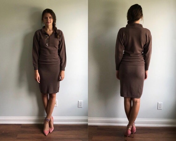 Vintage Brown Wool Skirt Sweater Set, COMM, 1980s