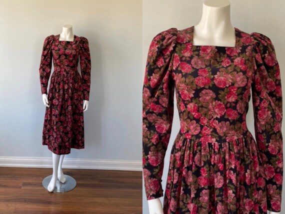 1980s Laura Ashley Floral Cotton Corduroy Dress, C