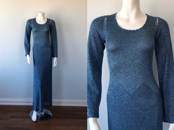 Vintage Blue Metallic Maxi Dress, 1970s Blue Metal