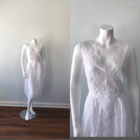 Vintage White Chiffon Nightgown, 1960s Nightgown,