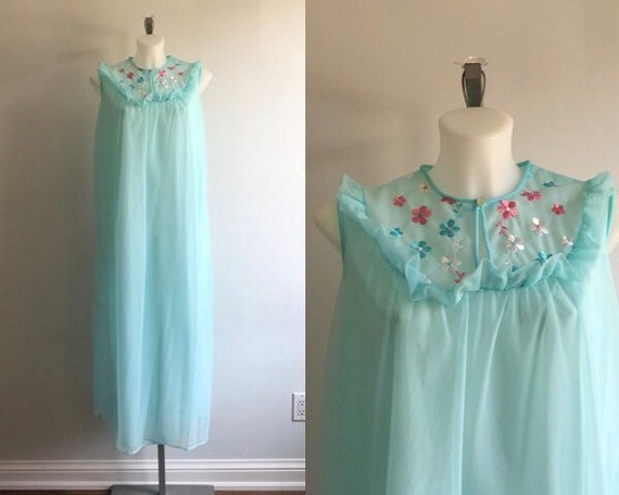 Vintage Nightgown, Vintage Chiffon Nightgown, Aqua