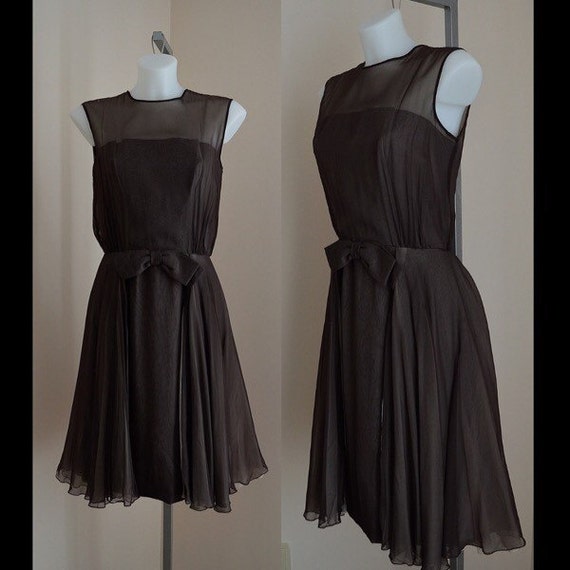 Vintage 1960s Brown Chiffon Dress, Chiffon Dress,