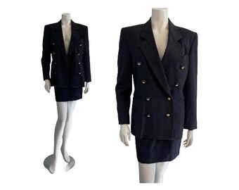 Années 1980 / Costume jupe bleu marine vintage / Escada by Margaretha Ley / Étiquette Taille 38