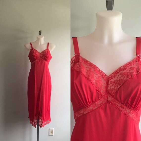 Vintage Red Full Slip, Harvey Woods, 1960s Red Sli