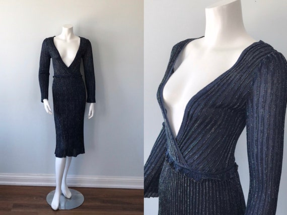 Vintage Knit Dress, 1990s Blue Knit Dress, Silk Kn
