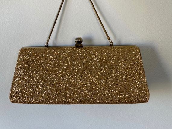 1950s Gold Glitter Evening Clutch, Vintage Gold Cl