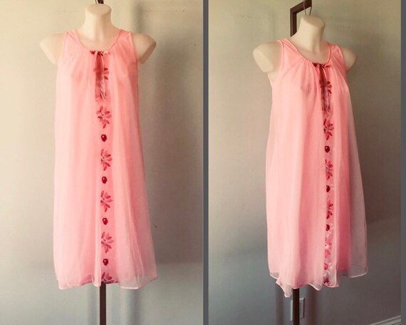 Vintage Pink Chiffon Nightgown, 1960s Pink Nightgo