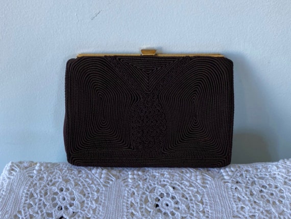 Vintage Brown Corded Clutch, 1940s Brown Clutch, B