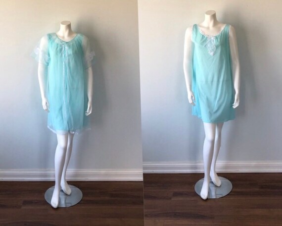 Vintage Aqua Short Peignoir Set, Vintage Peignoir