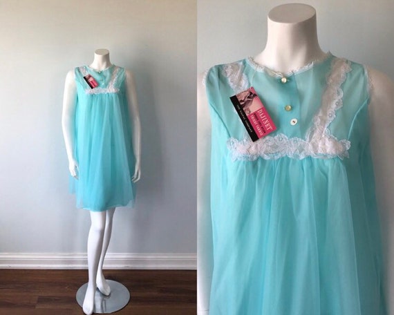 Vintage Aqua Chiffon Nightgown, Vintage Chiffon Ni