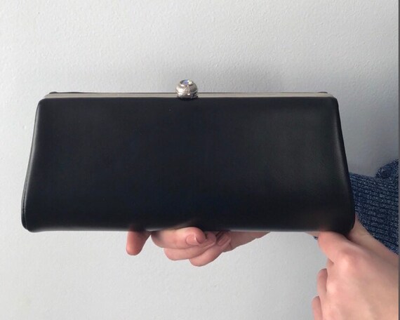 Vintage Black Leather Evening Clutch, 1950s Black