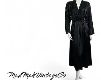 Vintage Black Ladies Robe 1980s Love Lines Dressing Gown Casual Womens Robes