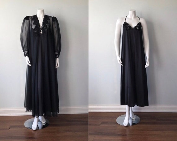 Vintage Olga Peignoir, Black Chiffon Peignoir, Olg