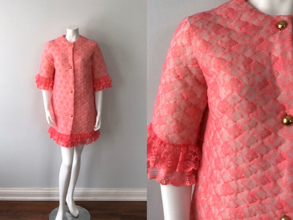 Vintage Pink Lace Quilted Robe, Short Robe, Pink R