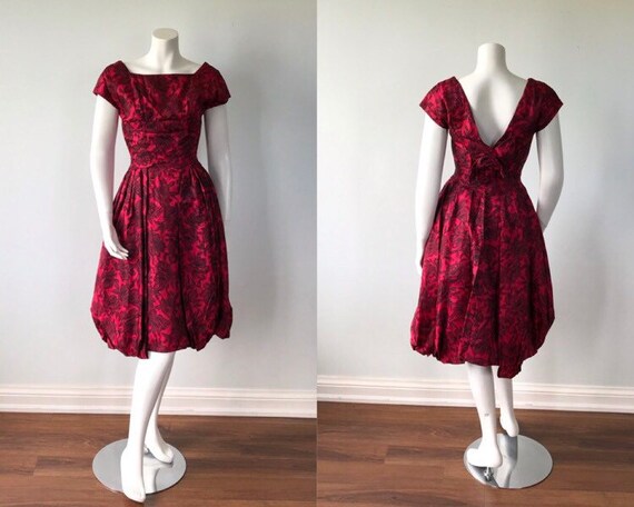 1950s Rose Print Dress, Prom Dress, Wedding, Eveni