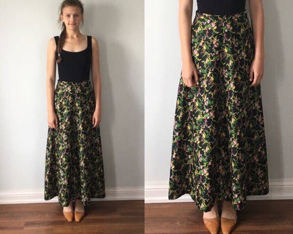 Vintage Black Floral Maxi Skirt, 1970s Skirt, Blac